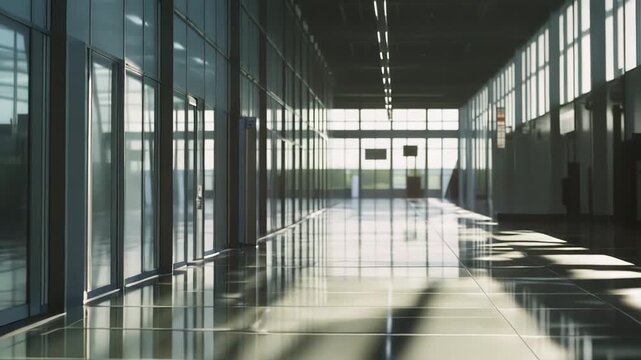 Empty interior of a contemporary commercial building hallway with polished floor reflecting natural light, creating a bright and spacious atmosphere of business development and opportunity