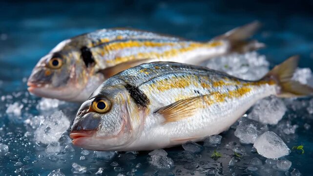 378Fresh sea bream on crushed ice, gold and silver scales illuminated, water droplets glistening, clean and fresh seafood presentation