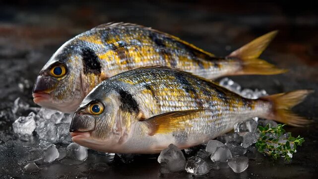 379Fresh sea bream on crushed ice, gold and silver scales illuminated, water droplets glistening, clean and fresh seafood presentation