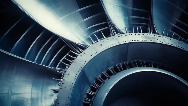 Turbine engine internal view close up, with many metallic blades and innovative components creating a powerful and complex system for energy generation and propulsion