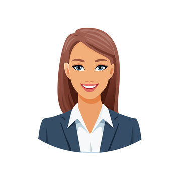 Friendly businesswoman in a professional blue suit smiling confidently with long brown hair