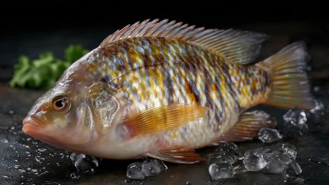 375Whole tilapia on ice, smooth and shiny scales catching sunlight, droplets of water glistening on textured surface, fresh lake-caught appearance