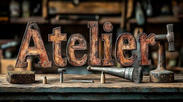 Atelier Text with Tools: The word "Atelier" written in a creative, handwritten font, with small tools (hammer, brush, etc.) integrated into the lettering. --ar 16:9 --stylize 750 --v 6.1 Job ID: c3fa8