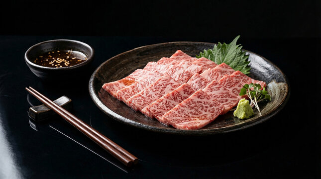 黒い背景に盛り付けられた高級和牛の霜降り肉と薬味