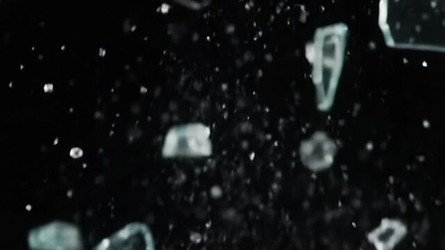 An extreme close-up of a pristine glass panel shattering in ultra slow-motion against a matte black void, intricate fragments and dust explode with studio lighting, concept of transient beauty