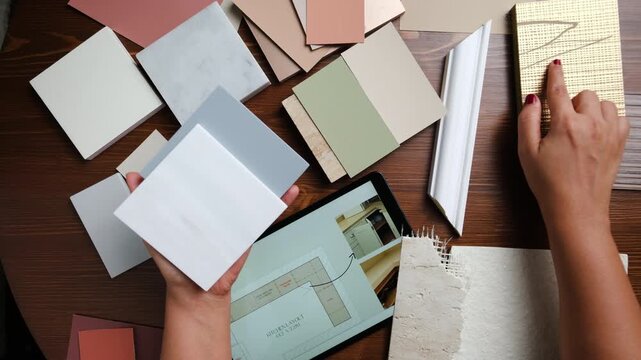 Modern Dubai interior design studio with material board, layout plan and revisions