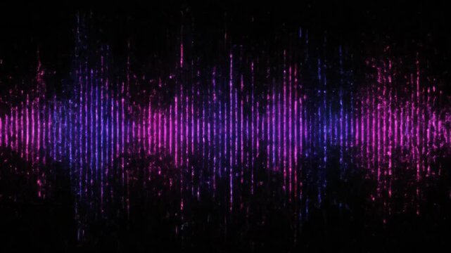 Vibrant purple and blue sound wave pattern on a dark background with digital noise