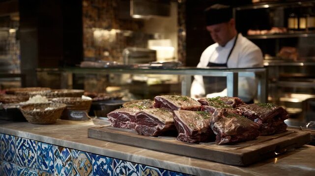Local flavor in a traditional butcher shop, tiled walls, precise cuts, practical craftsmanship