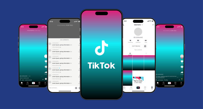 Tiktok. Tik tok mobile App interface template. Tiktok mockup social media template. mobile app interface template on social network. Tiktok Home, User, activity template.