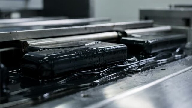 Medium shot of oilextended styrenebutadiene rubber blocks being carefully pressed and cooled emphasizing the glossy texture and flexibility of the final product.