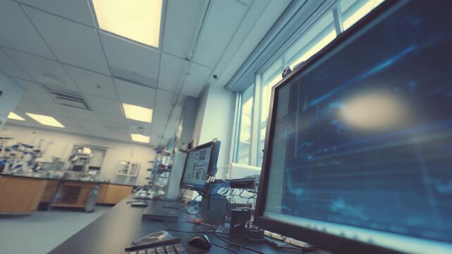 Modern scientific research laboratory facility featuring computer workstations displaying experimental data visualizations, supporting breakthroughs in science and technology