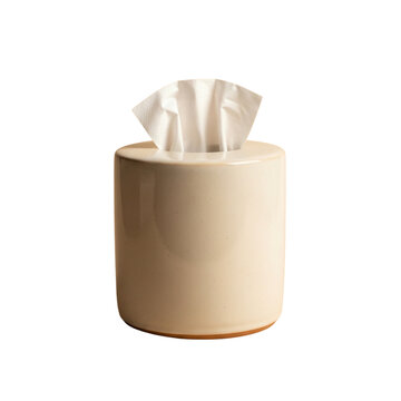 Modern round beige ceramic tissue box holder with white paper tissues for home or office decor isolated on Transparent Background