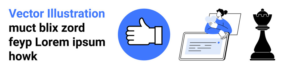 Obraz premium Social media, digital collaboration, decision-making, online feedback, productivity, and strategy. Thumbs-up icon, person with laptop chess piece. Social media and strategy concept
