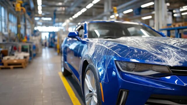 Professional car painting at an auto body repair center, vehicle fully prepped with masking tape and protective film, high-end spray equipment in use, emphasis on surface preparati