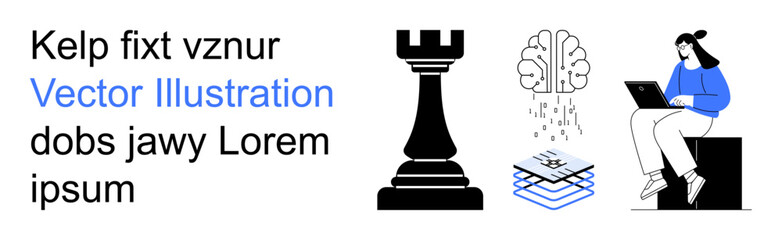 Innovation, problem-solving, technology, data analysis, strategic thinking, productivity. Chess rook, brain layered diagrams person working on laptop. Technology and strategic thinking symbols © robu_s
