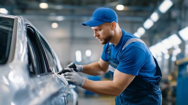 Professional car painting process in a modern spray booth, technician applying even paint layers to a car door, smooth surface treatment, clean industrial setting, controlled airfl