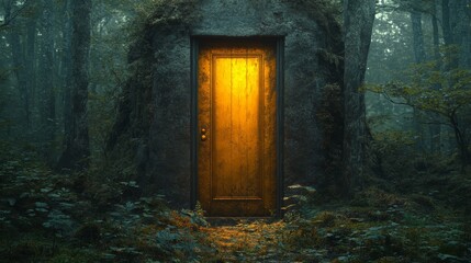 Fototapeta premium Deep in an ancient forest, there is a golden door that only materializes at exactly 12:00 AM. --ar 16:9 --stylize 750 --v 6.1 Job ID: c9e0eda1-bfea-4757-8a49-75ad3f00aed5
