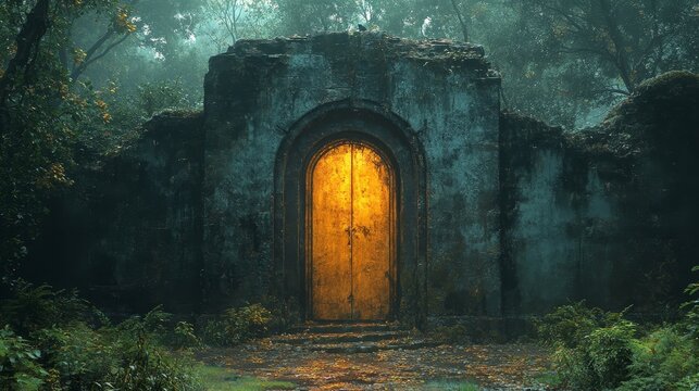 Deep in an ancient forest, there is a golden door that only materializes at exactly 12:00 AM. --ar 16:9 --stylize 750 --v 6.1 Job ID: d014c286-eed8-445e-a6e0-7cc6e5ca2684