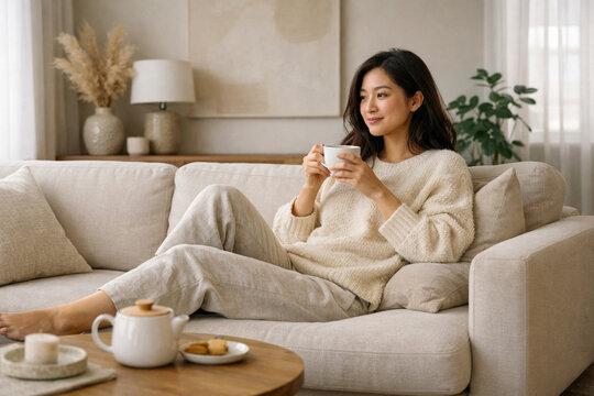 Relaxed Young Woman Drinking Tea on Sofa in Cozy Living Room