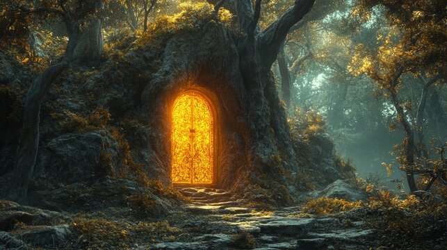 Deep in an ancient forest, there is a golden door that only materializes at exactly 12:00 AM. --ar 16:9 --stylize 750 --v 6.1 Job ID: d014c286-eed8-445e-a6e0-7cc6e5ca2684