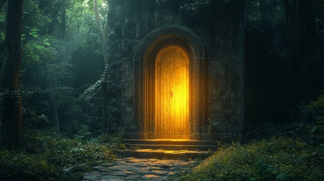 Deep in an ancient forest, there is a golden door that only materializes at exactly 12:00 AM. --ar 16:9 --stylize 750 --v 6.1 Job ID: d014c286-eed8-445e-a6e0-7cc6e5ca2684