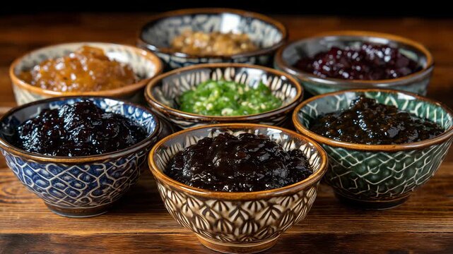 Traditional paste condiments in cultural bowls arrangement, rich textures and colors of fermented sauces captured in artisanal bowls, wooden table background, highlighting culinary