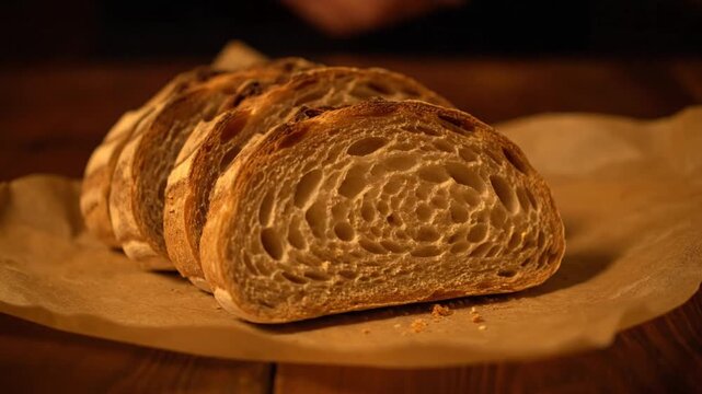 Sliced loaf of bread on brown paper on wooden table indoors