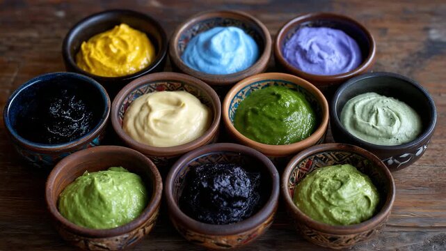 Traditional paste condiments in cultural bowls arrangement, symmetrical arrangement of vibrant pastes in traditional bowls, soft natural lighting enhancing color and texture, empha