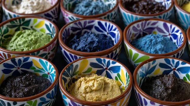 Traditional paste condiments in cultural bowls arrangement, top-down view of multiple fermented pastes in hand-painted bowls, soft lighting emphasizing texture and color, organized