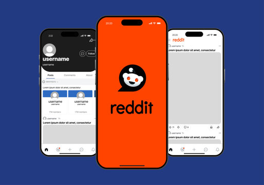 Reddit UI mockup template. Social media platform layout and discussion forum design. Reddit post, comment section, and user profile interface. Website and mobile app mockup for online communities.