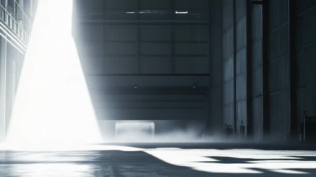 Empty industrial warehouse hall receiving a brilliant beam of light from above, creating a dramatic, mysterious, and hazy atmosphere on the concrete floor