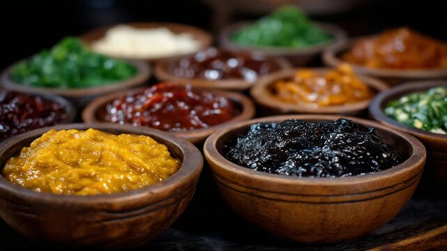 Traditional paste condiments in cultural bowls arrangement, market or kitchen scene with multiple bowls of paste condiments, carefully arranged for visual harmony, celebrating culi