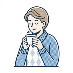 Fototapeta premium Young man wearing a blue sweater enjoying a hot cup of coffee or tea with a peaceful expression.