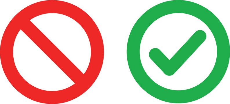 A red prohibition circle with a diagonal line next to a green circle with a checkmark symbol Vector