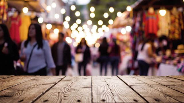An empty rustic wooden table with a blurred outdoor market and string lights behind.	