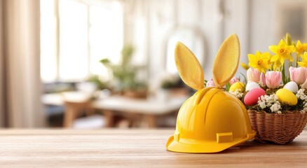 Fototapeta premium easter background with a yellow helmet and bunny ears