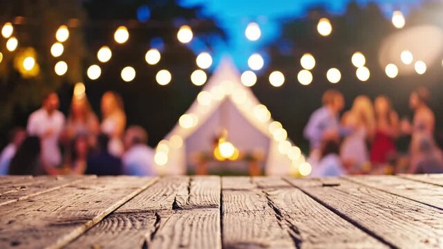An empty rustic wooden table with a blurred outdoor market and string lights behind.	