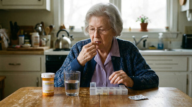 Elderly woman taking medicine with water at kitchen table  