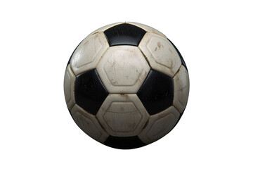 Fototapeta premium Soccer ball with classic black and white pattern, showing wear and tear from play, isolated on transparent background