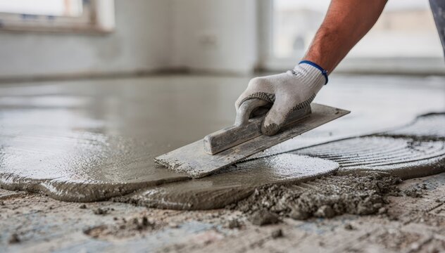 Medium shot detailing the smoothing of poured concrete layer for decoupled floor installation with sharp focus on the hand tool while the rest is softly blurred.