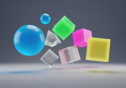 A conceptual visual representation of buoyancy and lightness. Multiple simple forms drift peacefully in a large, open, ethereal environment, simple, geometric, drift