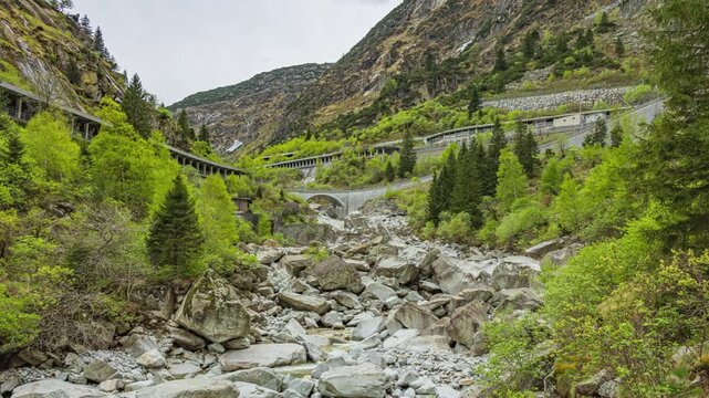 Time lapse, a narrow, steep-sided rocky gorge in the Swiss Alps, historic Alpine road route to the St. Gotthard Pass. Schoellenen Gorge or Schoellenenschlucht, Canton of Uri, Switzerland.