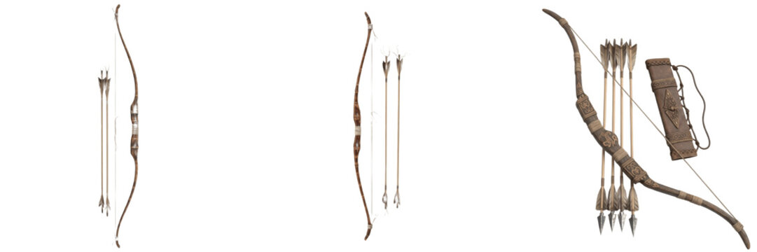 Set of traditional wooden longbows with arrows and quiver, vintage medieval archery equipment isolated on white background