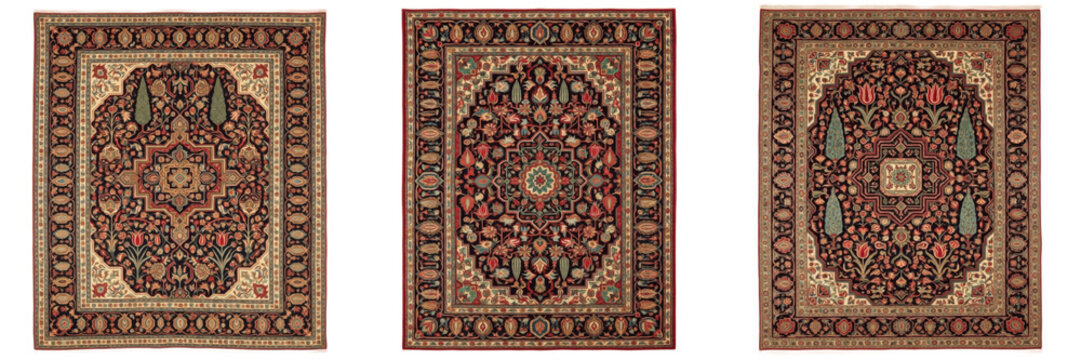 Set of traditional Persian carpets with intricate floral patterns and ethnic oriental designs, luxury rugs collection isolated on white