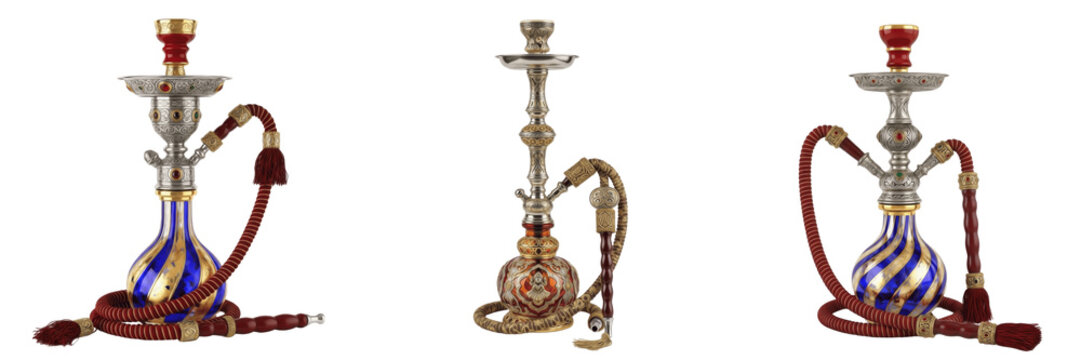 Set of elegant traditional hookahs with ornate glass bases and decorative hoses, isolated on white background