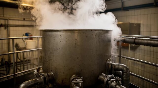 Steamheated saponification kettle releasing visible steam emphasizing the heat application during soap production in a detailed medium shot.