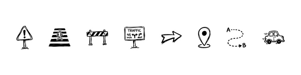 Fototapeta premium Minimal traffic icons: intersection, curve, fuel, pointer, highway, detour, cone, and speed bump. Ideal for transport and navigation visuals.