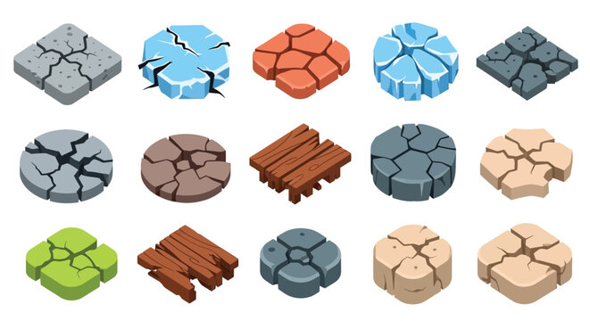 Collection of colorful isometric game tiles depicting various terrain types