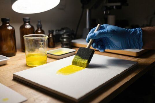 Artist wearing blue gloves using a sponge brush to apply yellow photosensitive chemical emulsion onto paper