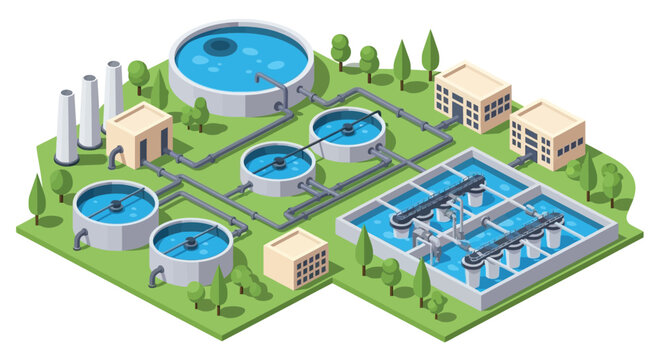 Isometric illustration of a modern wastewater treatment plant and facilities